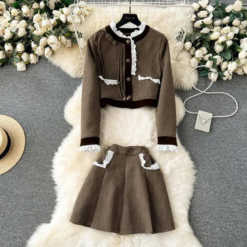 

Корейский модный небольшой очаровательный костюм для женщин короткий кружевной пиджак с соединением + трапециевидная юбка с высокой талией комплект из двух предметов осенний элегантный