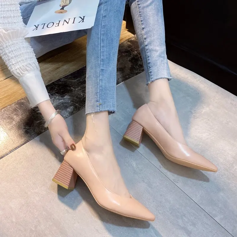 2021 New Womens Platform Heels Shallow Pointed Toe Square Heel Ladies Dress Shoes Spring/Autumn Sexy Zapatos De Mujer Pumps