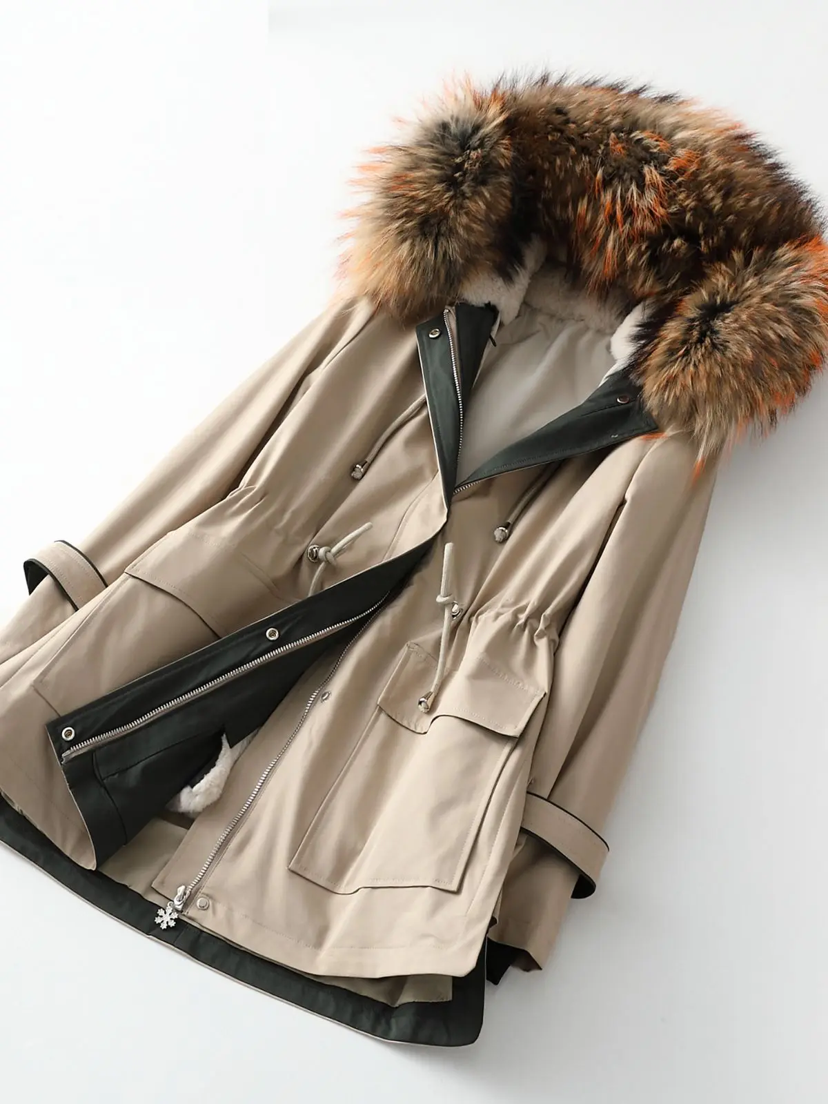 2022 Winter New Raccoon Fur Collar Pie Overcoming Women's Short Hooded Detachable Rabbit Fur Liner Parkas Coat Casual Jacket