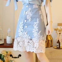 female high waist sexy slim elegant all match skirt office women summer flower print denim mesh patchwork fashion casual skirts