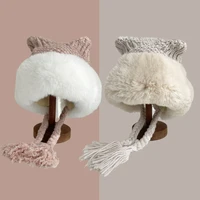 new kids winter hat faux fur warm ears children bonnet hats for girls boys knitted plush lining child cap for teenager 3 15y