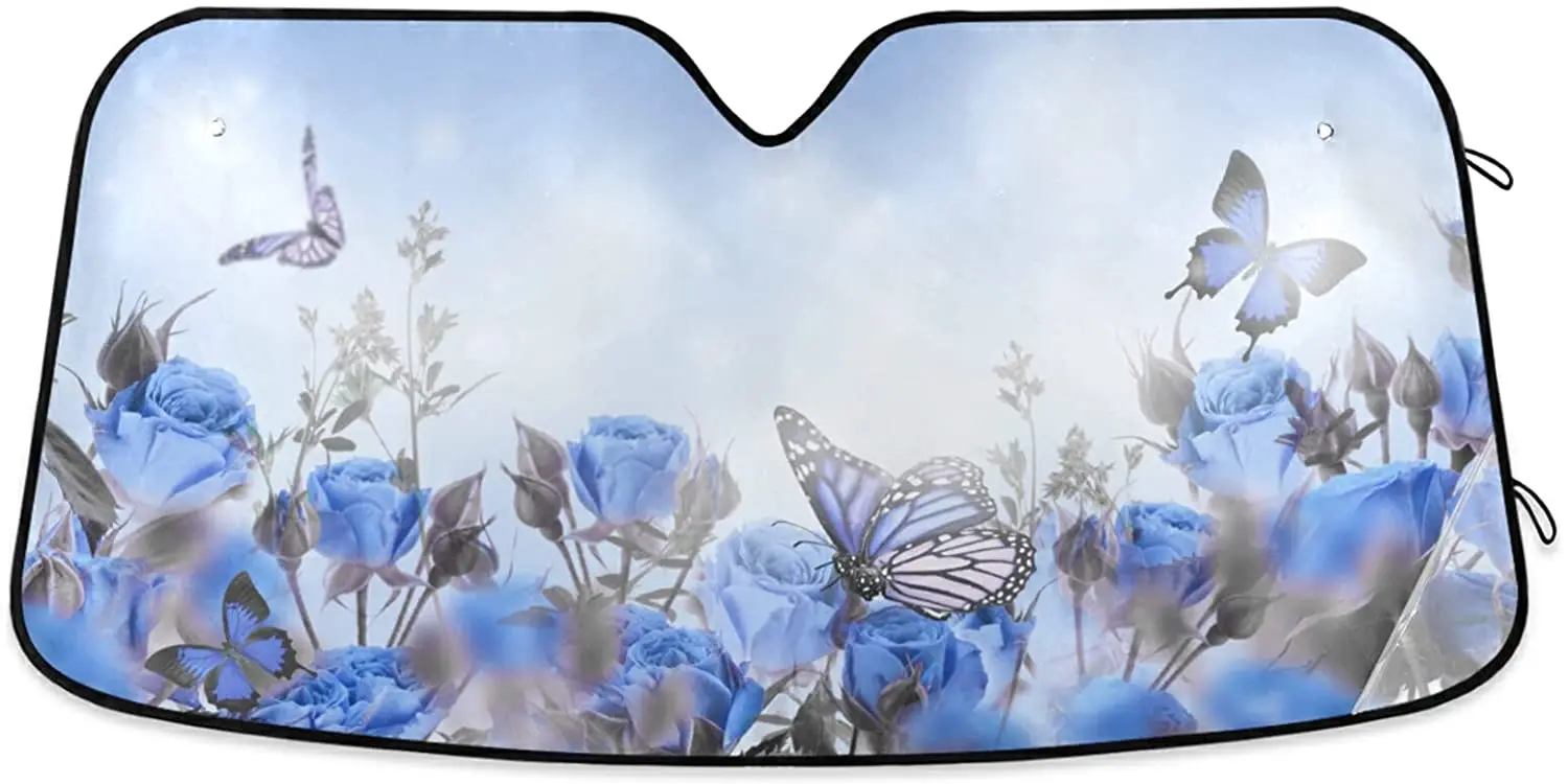 

xigua Butterfly and Blue Roses Car windshield sunshade - foldable windscreen UV protection - protects the car interior and keeps