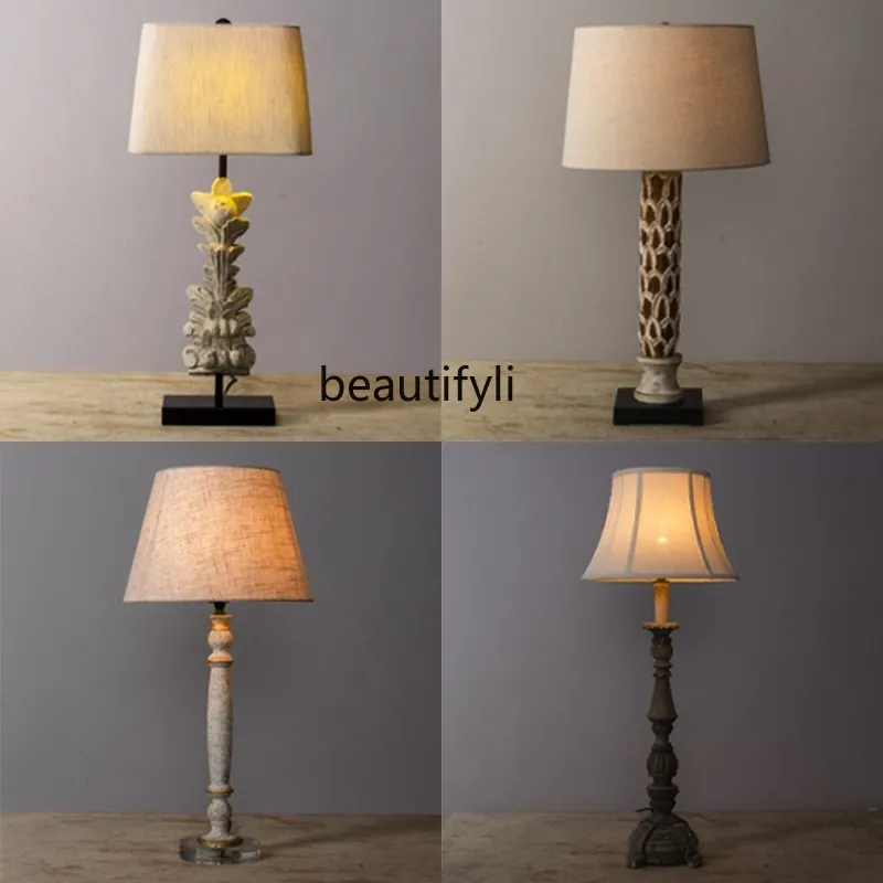 

Винтажная резная настольная лампа zq из массива дерева в американском стиле, Модель виллы, прикроватная лампа для спальни, кабинета, лампа дл...
