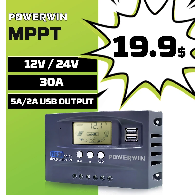 

POWERWIN MT30 MPPT 30A солнечный контроллер 12 В 24 В авто панель солнечных батарей регулятор зарядного устройства двойной USB ЖК-дисплей для батареи Lifepo4
