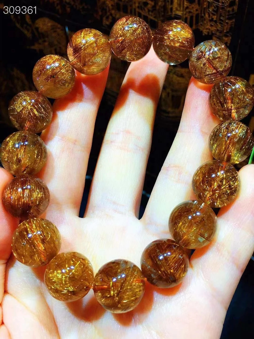 

Natural Copper Rutilated Quartz Round Beads Bracelet 13.5mm Big Size Crystal Cat Eye Rutilated Women Man Bracelet AAAAA