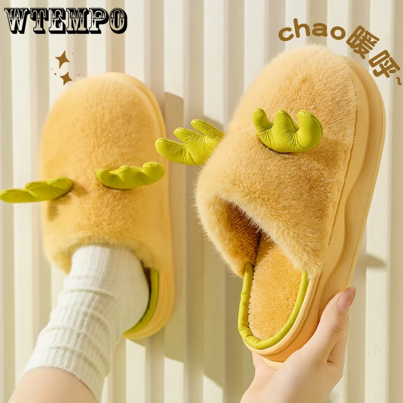 

Домашние пушистые тапочки Caroon Elk, женские зимние меховые тапочки, теплые плюшевые Нескользящие тапочки, обувь для дома