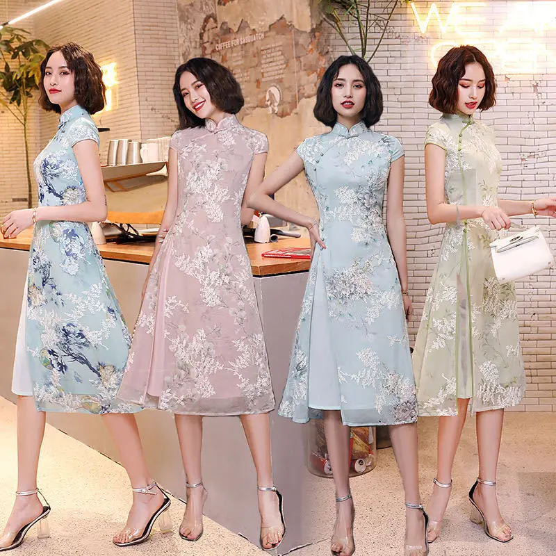 

2023 New Improved Chiffon Embroidered Little Ao Dai Qipao Evening Party Skirt Tang Suit Hanfu Cheongsam Dress For Women