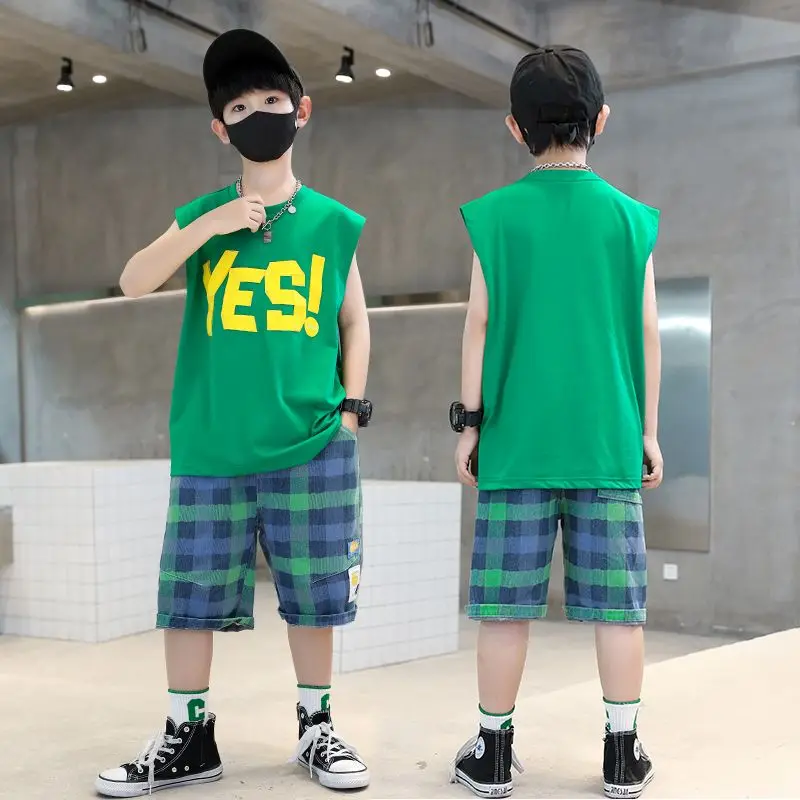 2023 Teens Summer Sportsuit Casual Baby Kids Letter Clothes Sets Baby Boys sleeveless Cotton Children Clothes 4 -14Years Costume images - 6