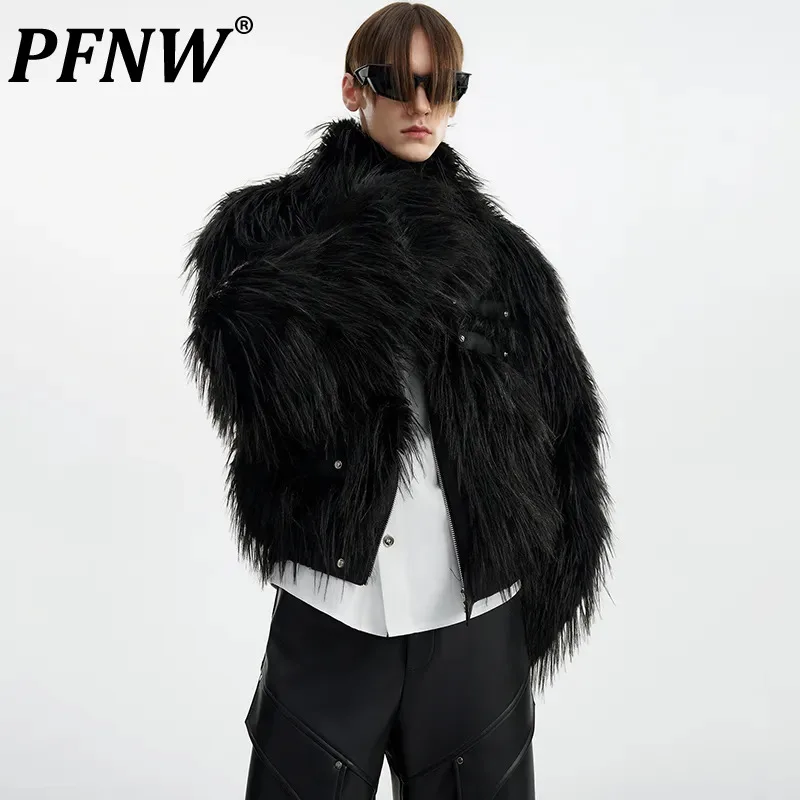 

PFNW Patchwork Pockets Men's Faux Fur Jackets Niche Design High Street Luxury Male Coats Retro 2023 Winter Stylish New 28W1799