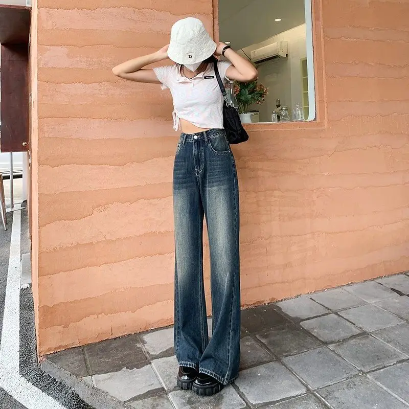 Retro Jeans Spring Autumn Women's High Waist Slimming Loose Korean Style Straight Wide Leg Long Pants High Street Trousers