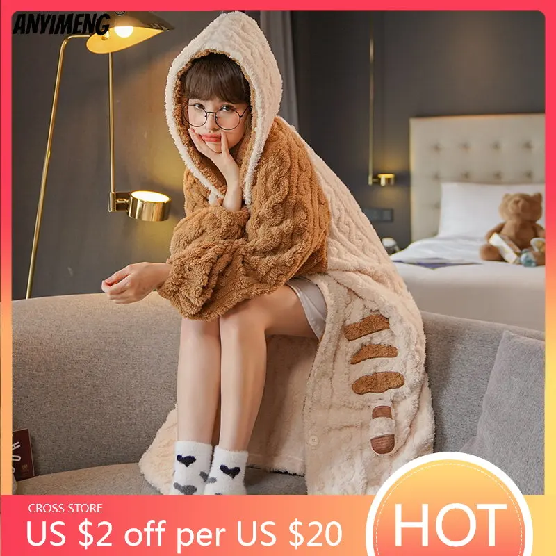 Nude Pink Teddy Fluffy Robes for Women Winter Thermal Hoodies Robe for Girl Kawaii Bear Bathrobe for Woman Warm Lady Sleepwear