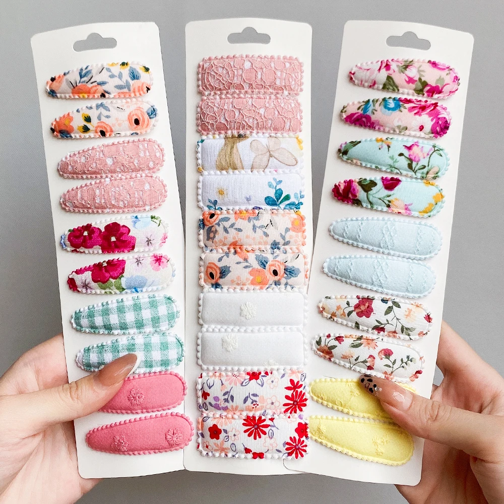 

6/10Pcs Cotton Embroidery Hair Clips For Kids Girls Waterdrop Shape BB Clips Flower Solid Color Hairpins Hair Accessories Set