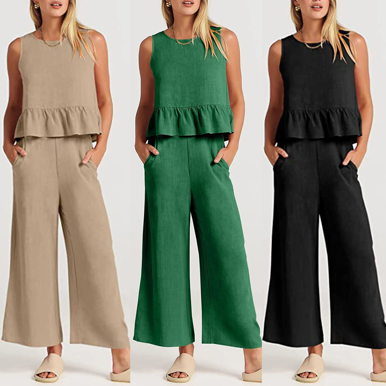 

Женский жилет, топ с прямыми штанинами, хлопковый укороченный топ без рукавов с высокой талией, Брюки с карманами и круглым вырезом, плиссированная одежда для отпуска