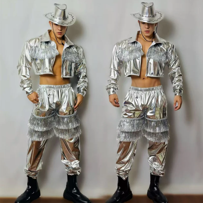 Фото Мужской танцевальный костюм Muscle Man Silver Laser с бахромой в стиле хип-хоп, сексуальный костюм для танцев на пилоне, мужская одежда для джазовых танцев, одежда для выступлений в барах и на сцене, XS10402 №1