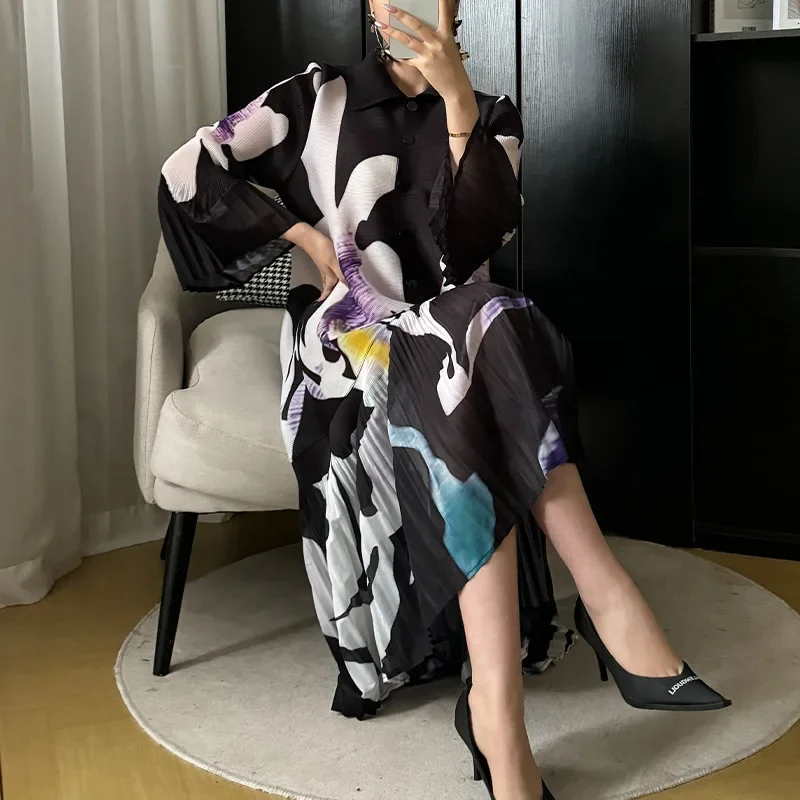 KAF плиссированное женское платье с принтом весна-осень 2023 новые свободные платья