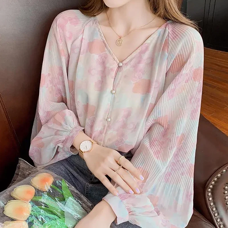 

Lantern Sleeve Blouse Female Spring and Summer New Korean Fashion Temperament Elegant Fairy Wind Casual Floral Chiffon Shirt