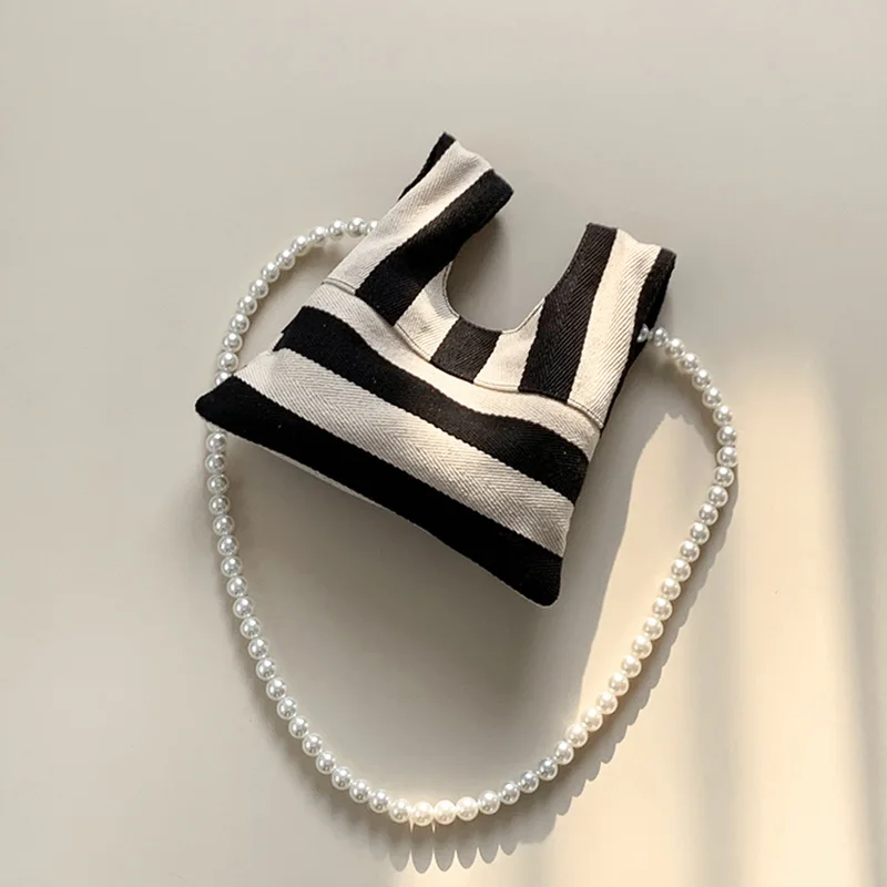 Pearl Chain Striped Canvas Handbag All-match One-shoulder Diagonal Mini Bag Underarm Bag Female Casual Handbag bolsa feminina