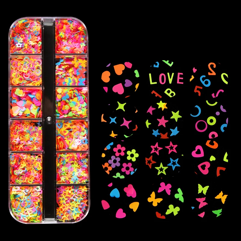 

12 Grids Resin Filling Glitter Fluorescence Butterfly Star Love Hearts Letter Shape Sequins For Epoxy Resin Mold Nail Art Flakes