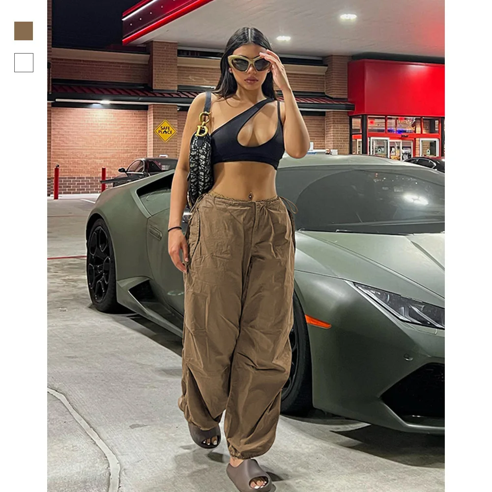 

Уличная одежда Y2K, мешковатые брюки-карго, женские винтажные спортивные брюки с завязкой и низкой талией, повседневные свободные брюки с шир...