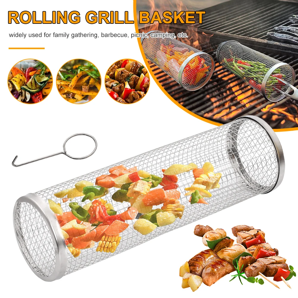 

BBQ Rolling Grilling Basket Stainless Steel Cylinder Grill Basket BBQ Grill Mesh Camping Barbecue Rack for Vegetables Fish Meat