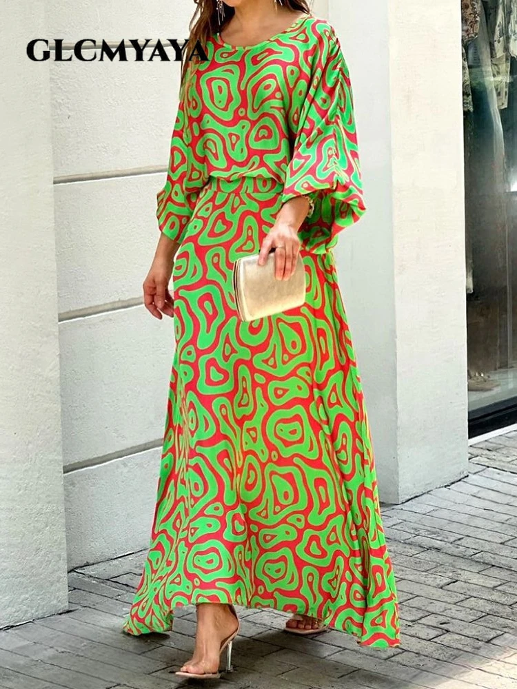 

GLCMYAYA Elegant Paisley Women Batwing Sleeve Blouse Top & Loose A-line Maxi Long Skirt Suit Chic Matching Two 2piece Set Outfit
