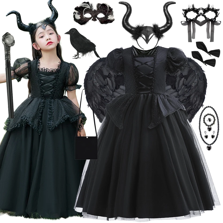 Disney Girls Maleficent Dress Children Evil Queen Fairy Halloween Costume Kids Demon Queen Clothes Carnival Black Witch Gown