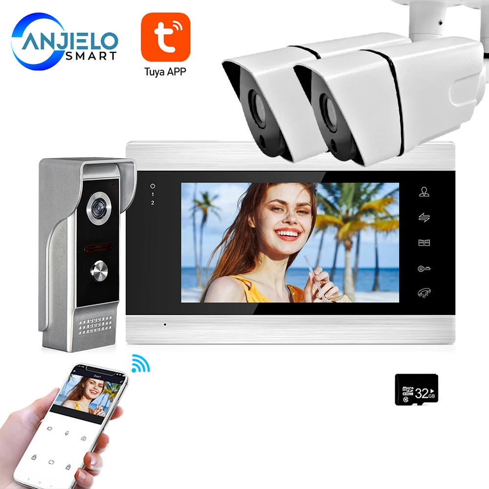AnjieloSmart Tuya New 7 Inch WiFi Smart IP Video Door Phone Intercom System with 2x720P Surveillance Camer with Motion Detection