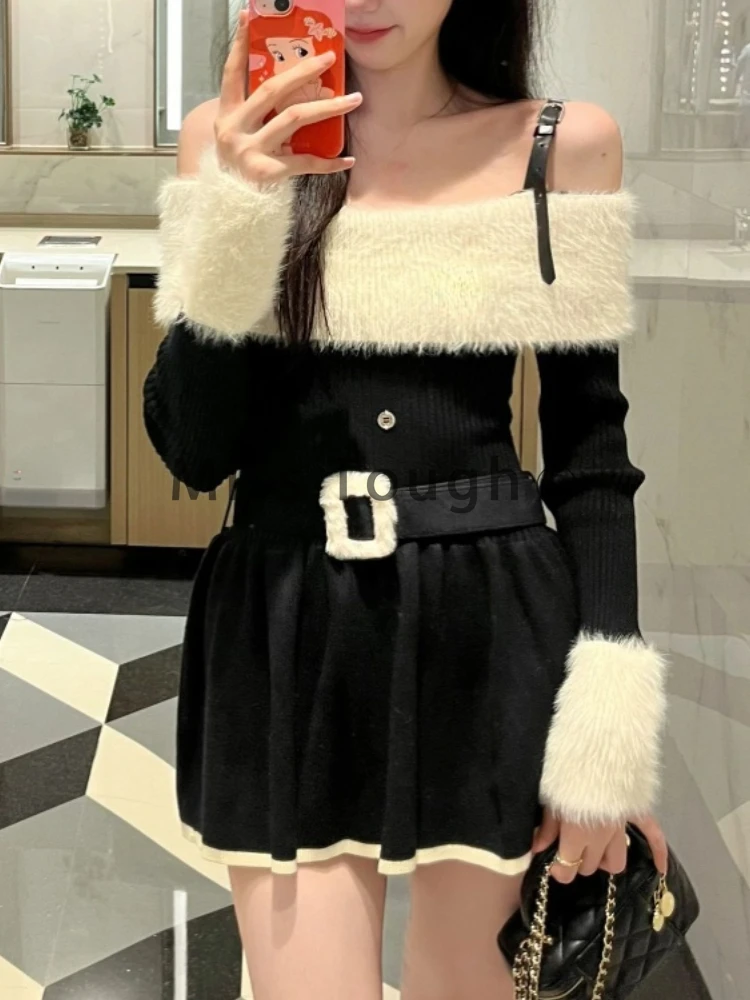 Осеннее Элегантное трикотажное платье женское винтажное модное мини-платье с