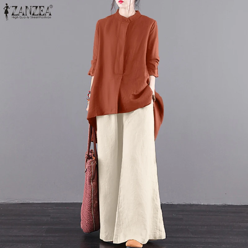 

O-Neck High Low Solid Blouse Side Pockets Cotton Wide-leg Pant ZANZEA Spring Women All-Match Holiday Loose Suit 2PCS Full Sleeve