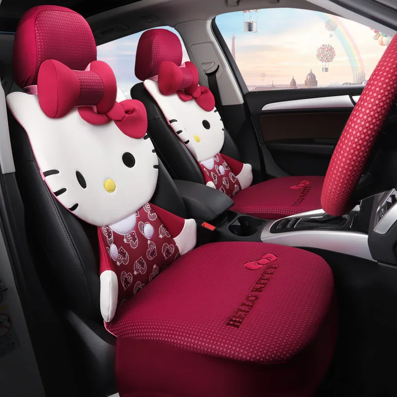 

2023 Sanrio Kitty Cat Kawaii Car Seat Cushion Winter Plush Car Seat Cover Cartoon All-inclusive Fabric Four Seasons Universal