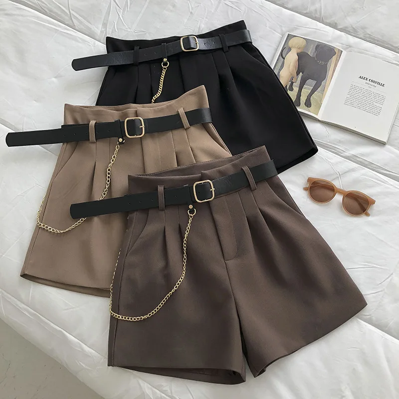 Vintage Wide Leg Shorts Women High Waist Woolen Short Pants with Belt Casual Elegant Summer Pockets Streetwear Chain Office Lady