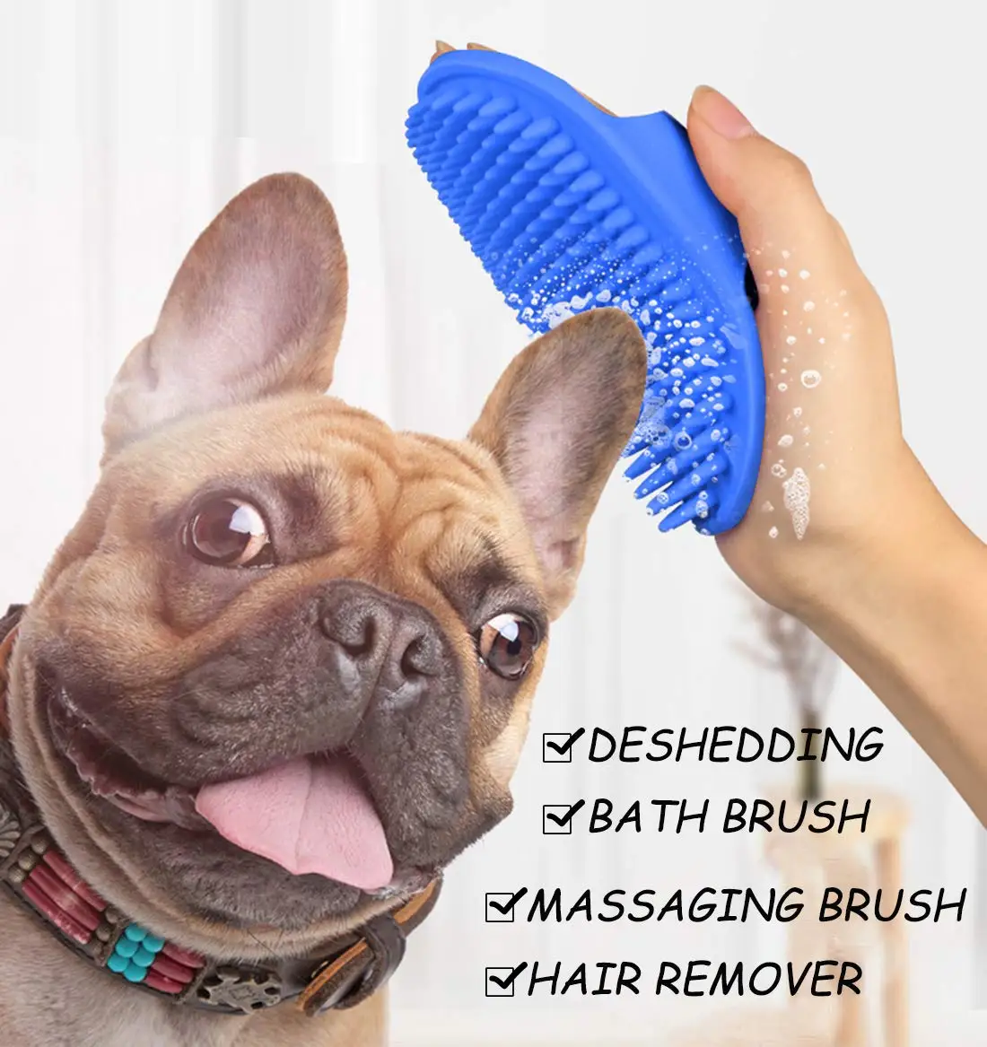 

Dog Bath Grooming Brush for Shedding Hair Pet Massage Rubber Comb with Adjustable Strap for Short Long Haired Dogs and Cats