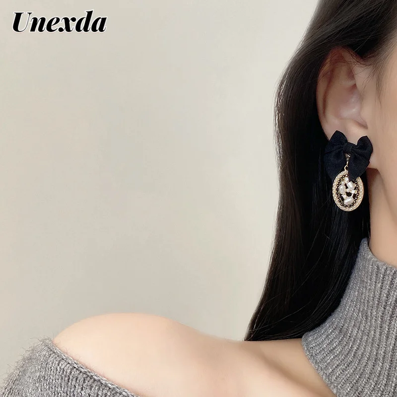 

Unexda Retro Fashion Black Velvet Bow Earrings Luxurious Long Style Pearl Oval Jewellery Korean Style High-end Design Earrings