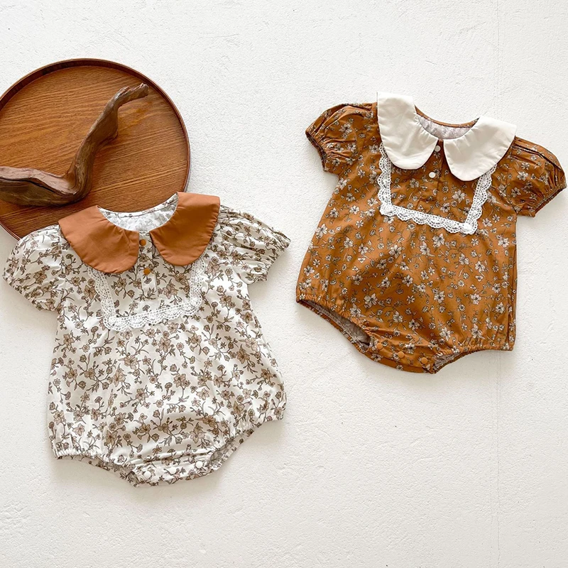 

Summer Baby Girls Clothes 2022 Baby Bodysuits Short Sleeve Vintage Floral Cotton Jumpsuit Toddler Girls Rompers Infant Clothing