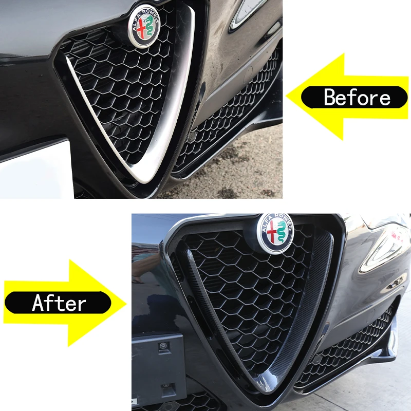 Фото Для Alfa Romeo Giulia Stelvio 2017-2026: Декоративная накладка на переднюю решетку радиатора из настоящего карбона, V-образная рамка, наклейка, кольцевое покрытие для логотипа №4