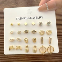 12 pairs mini stud earrings set for woman bohemian geometric ear studs rhinestone earring pineapple planet star heart jewelry