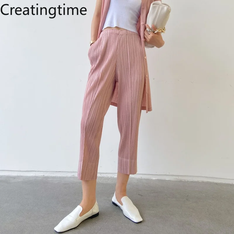 

Новинка весна-лето 2022 модные однотонные плиссированные прямые брюки до щиколотки Creatingtime GA284