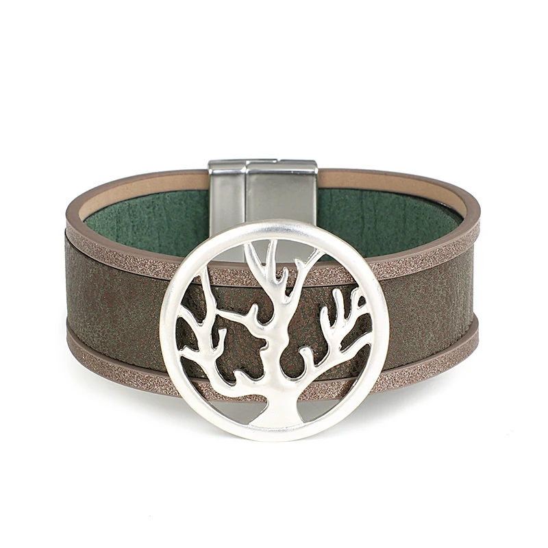 

Amorcome Tree Of Life Charm Leather Wrap Bracelets for Women Fashion Wide Cuff Bangle Bracelet with Magnet Clasp Female Jewelry