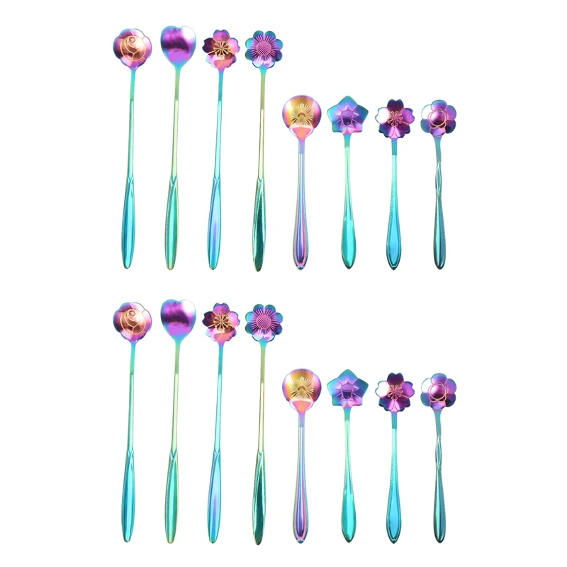

16Pcs Flower Spoon Set, 2 Different Size Colorful Stainless Steel Teaspoons Rainbow Coffee Stirring Spoon