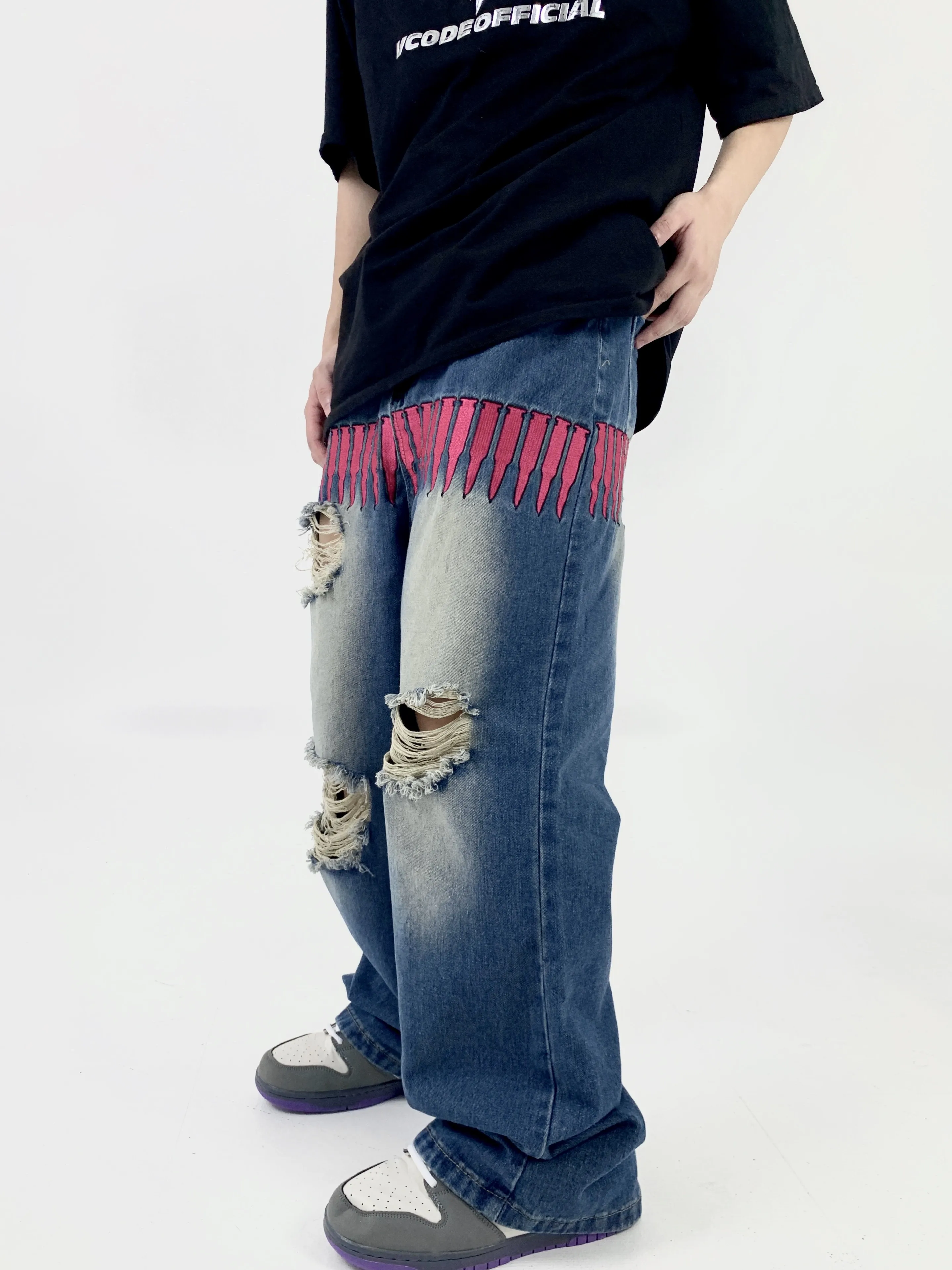 Four Seasons Retro Bullet Embroidery Ripped Jeans Men's High Street Ins Trend Loose Straight Trousers Streetwear Ins Hot Sale