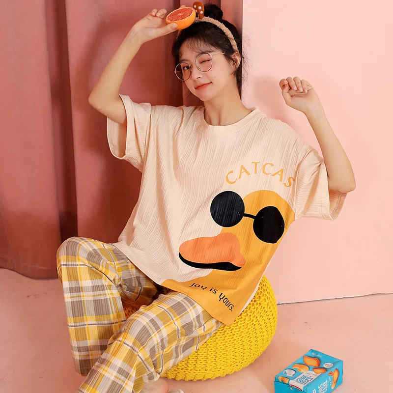 New Style Pajamas Women's Summer Short Sleeved Trousers Pure Cotton  Cartoon Cute Girl Loose Large Home Clothes Suit