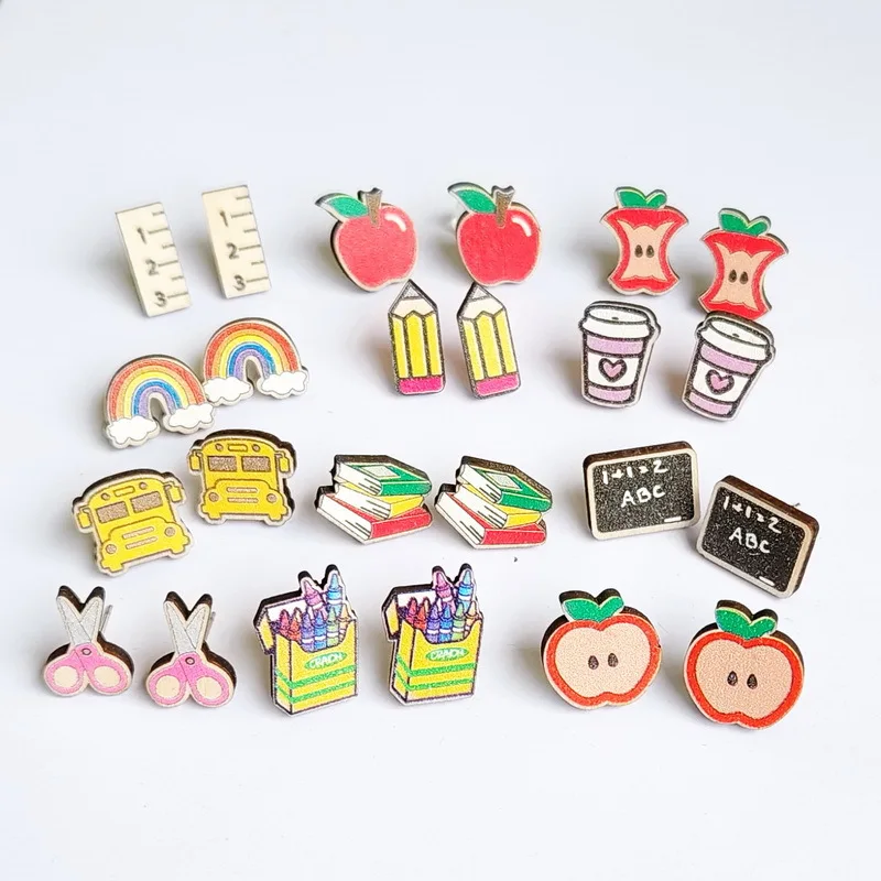 Ruler Books Scissor Wood Stud Earrings Rainbow School Bus Apple Coffee Cup Female Teacher Ear Jewelry