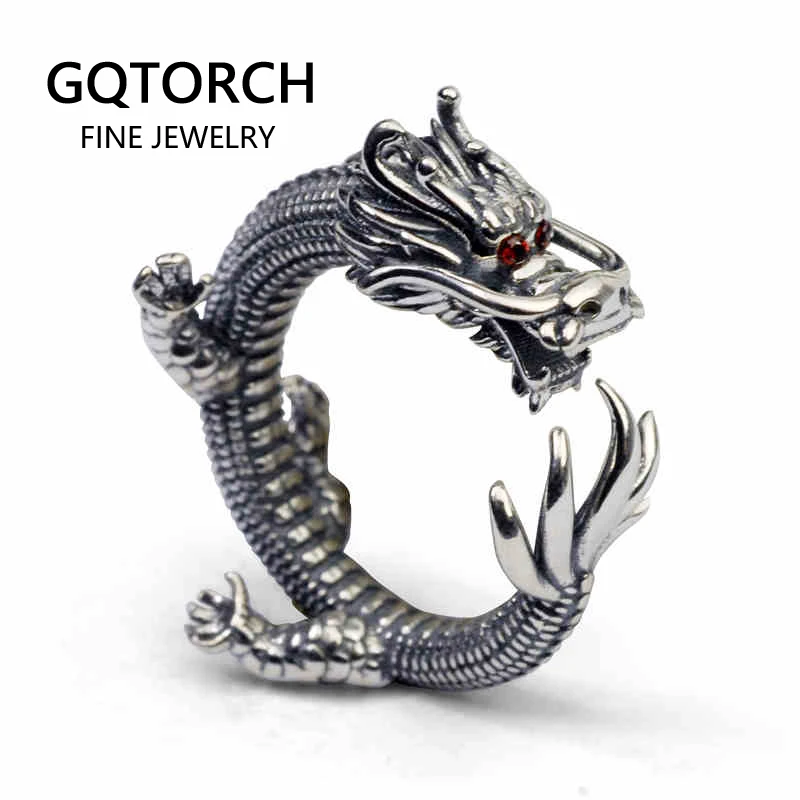 

Real Solid 925 Silver Dragon Rings Vintage Men's Open Size Adjustable Thai Silver Rings Men Accessories Jewelry