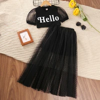girls clothing set 2022 new summer fashion letter short sleeve polka dot mesh skirt two pieces childrens clothing wholesale