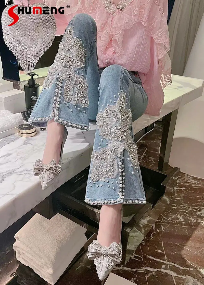 Spring 2023 New Ladies Korean Sweet Trendy Rhinestone Slit Jeans Women's Fashion Fairy High Waist Slimming Flared Denim Pants