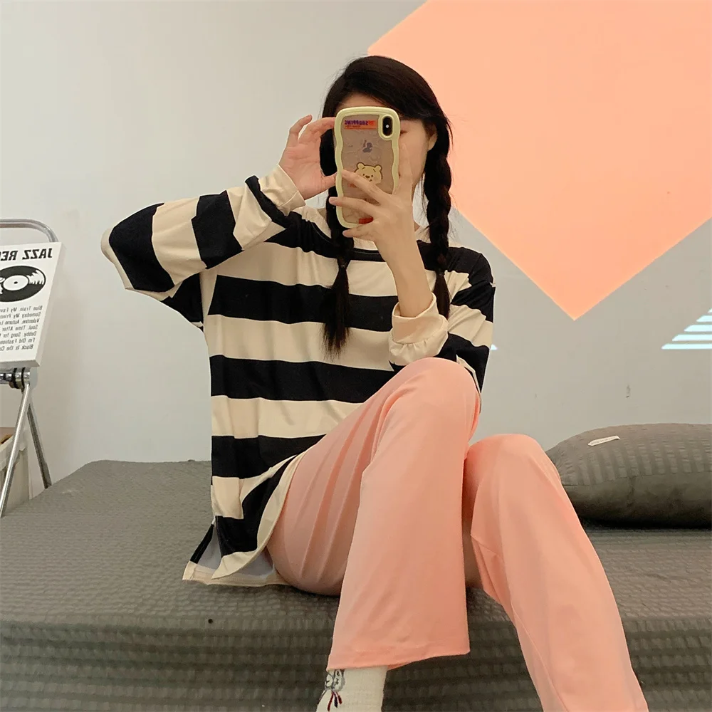 Girls' striped pajamas casual loose sweet round neck long sleeve suit pajamas women's spring home clothes can be worn outside