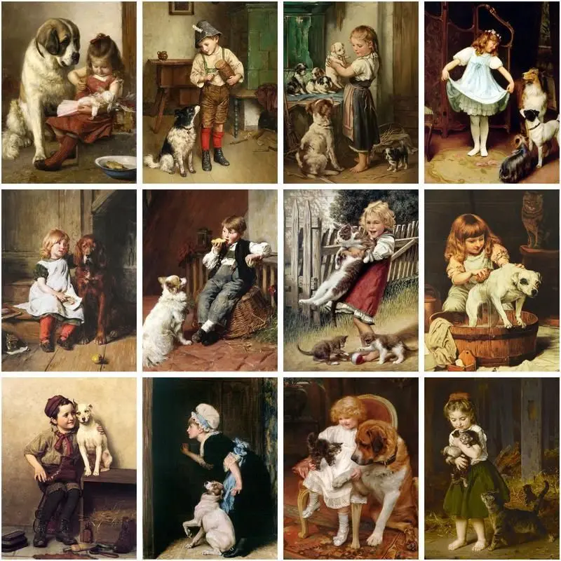 

CHENISTORY Frame Boy And Girl Diy Painting By Numbers Dog Animal Modern Picture Wall Art Decoration For Home Artwork 40x50cm