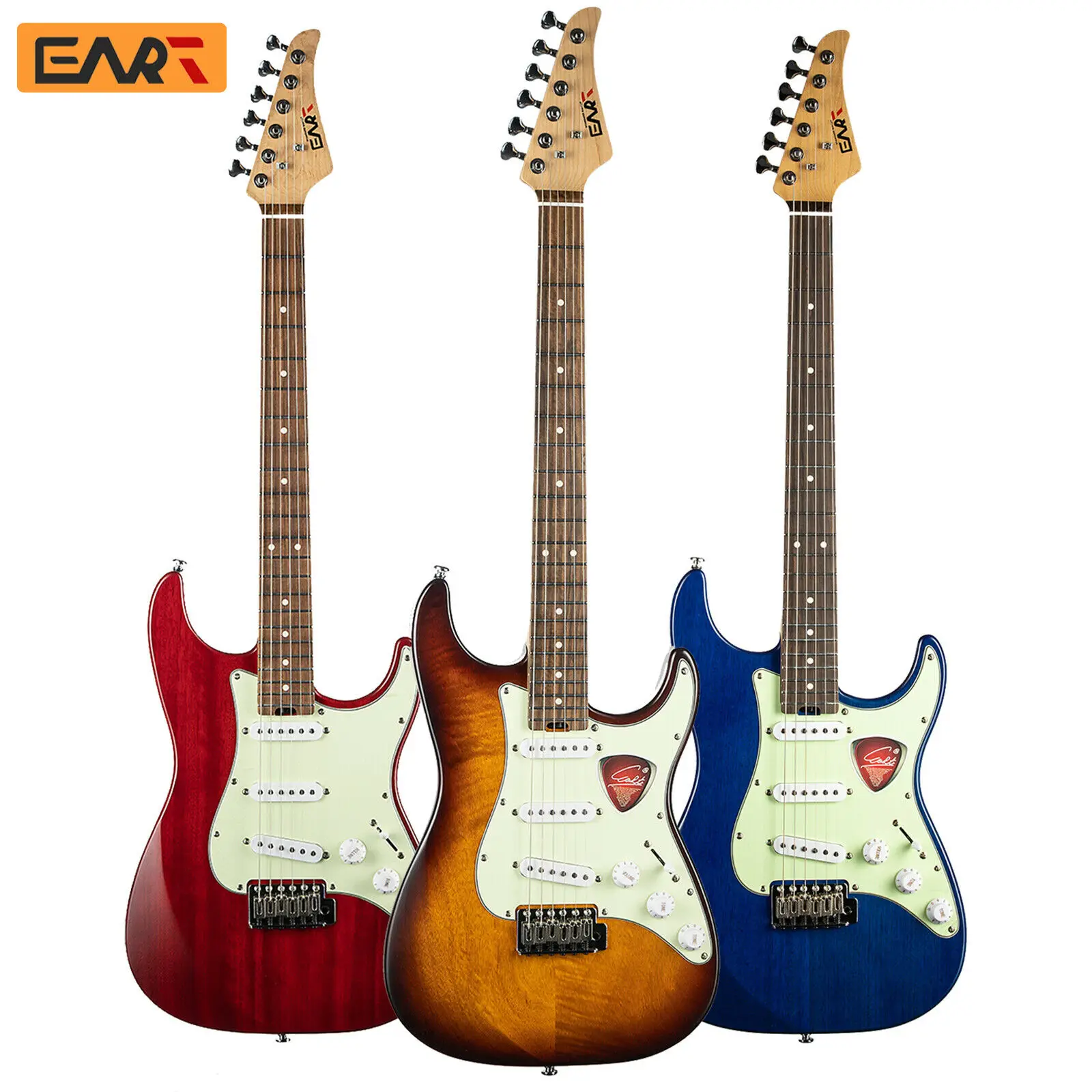 Электрогитара EART YMX-SG3 SSS с бриджевыми звукоснимателями Sunburst, корпус из обжаренного махагони двух кусков, гриф из клена, мятно-зеленая пикгард.