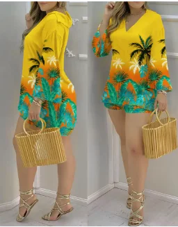 

2022 Summer Woman Casual Chic V-Neck Tropical Print Bell Sleeve Long Sleeve Top & Above Knee Vacation Shorts Set