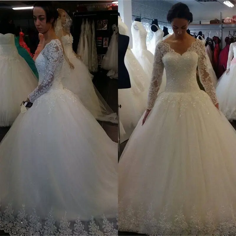 

Princess V Neck White AppliquesBeading Ball Gown Wedding Dresses Sweep Train Long Sleeve Lace Up Back Puffy Bridal Gowns